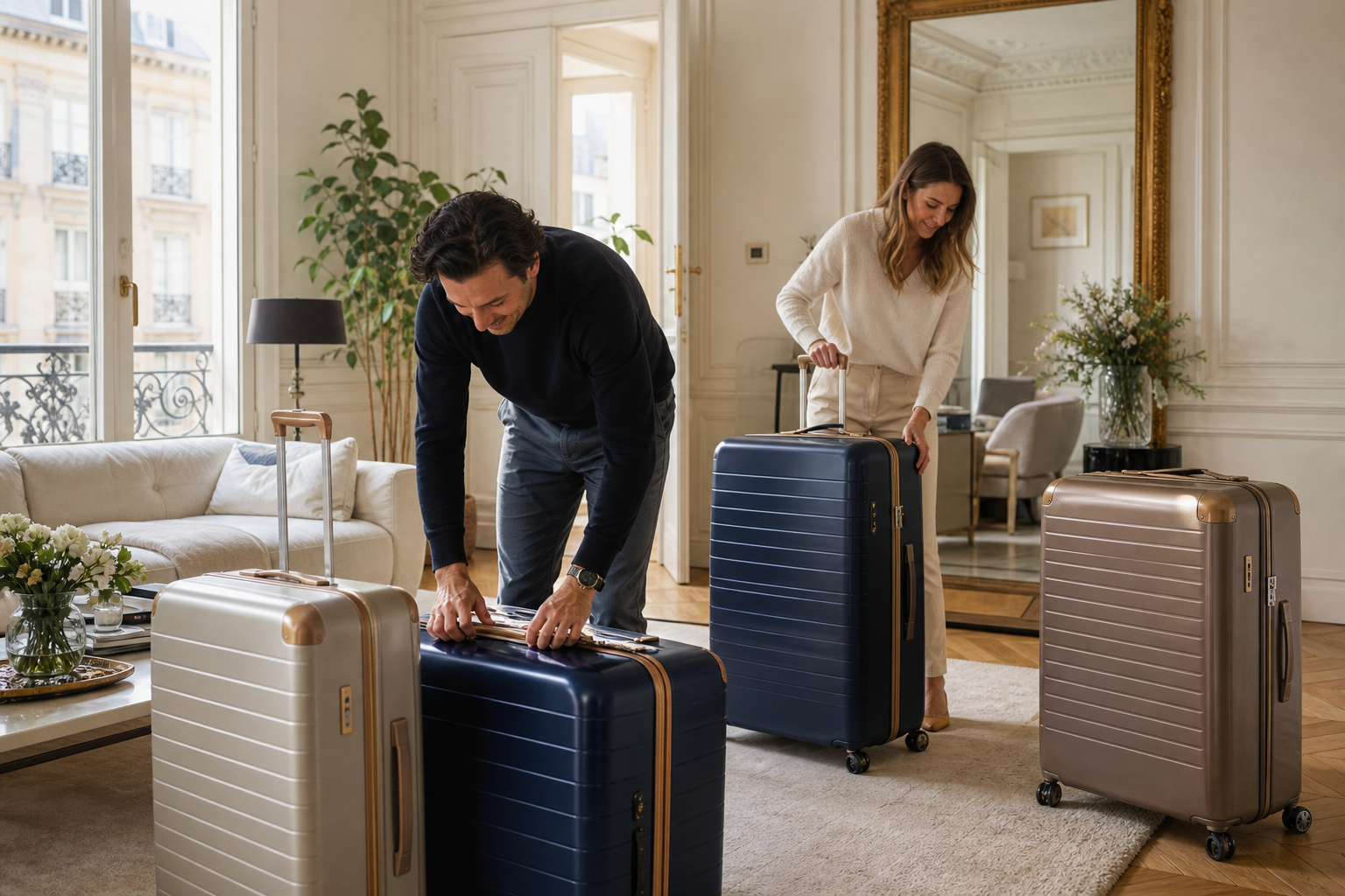Couple preparing several large suitcases at home